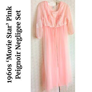 Vintage 1960s Movie Star Peignoir Negligee Set Pink Nightee S, Robe M Lace trim